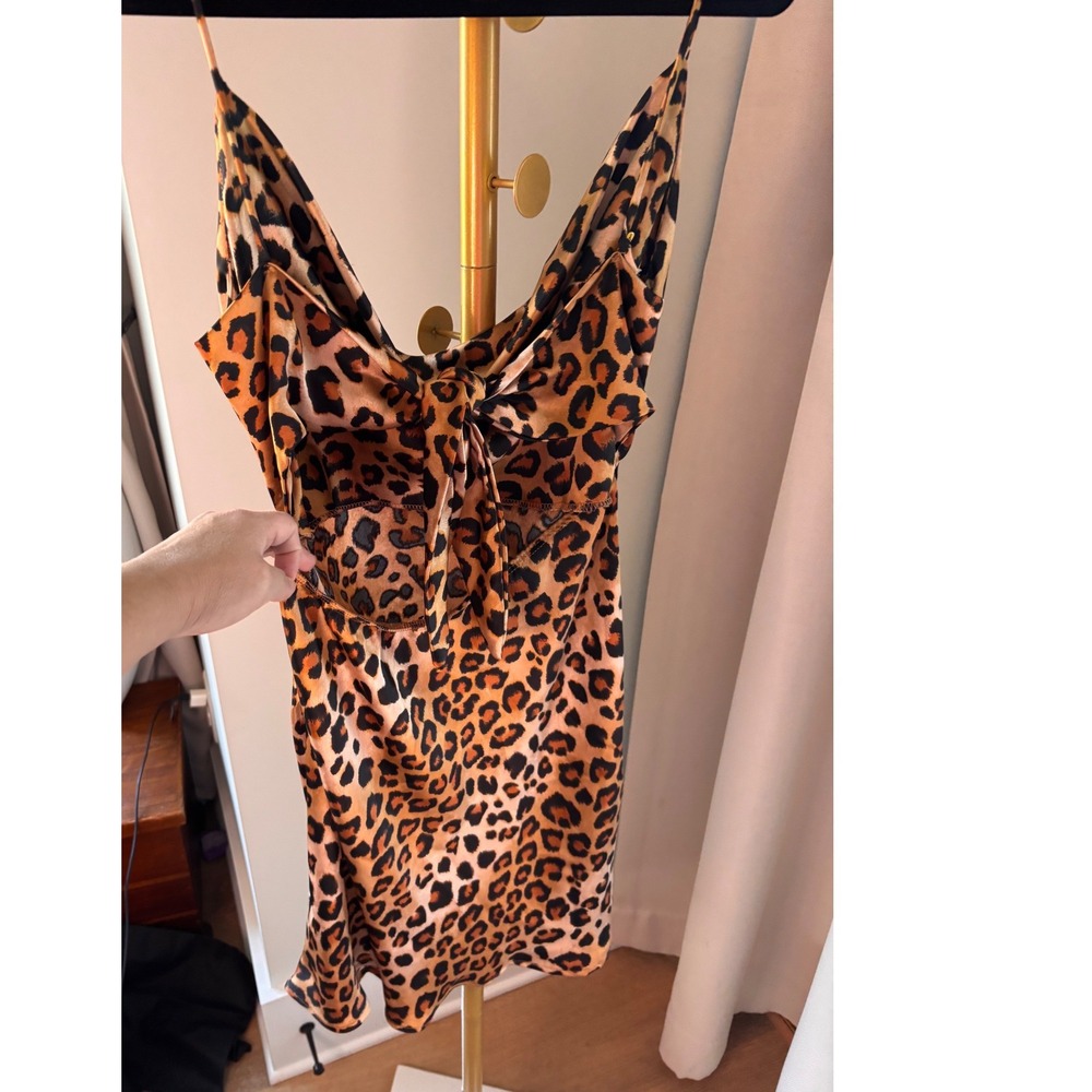 Windsor Leopard Print Cowl Neck Mini Dress Tie Back Cutout Satin Slip Dress- M - Picture 3 of 5